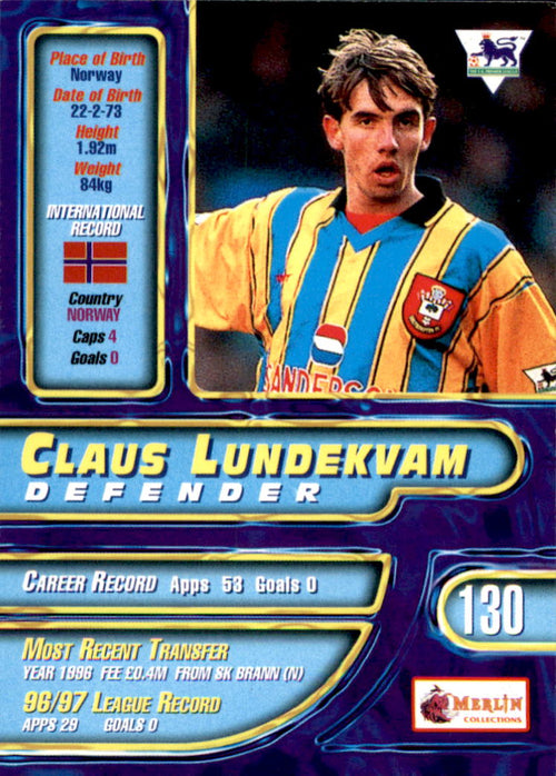 1997-98 Merlin Premier Gold #130 Claus Lundekvam
