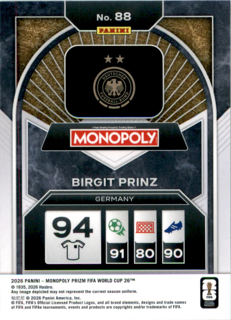 2026 Panini Prizm Monopoly FIFA World Cup #88 Birgit Prinz - Back