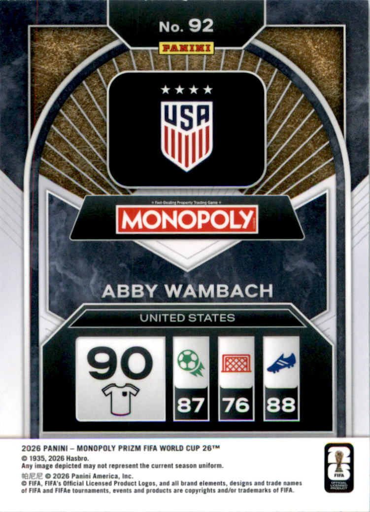 2026 Panini Prizm Monopoly FIFA World Cup #92 Abby Wambach - Back