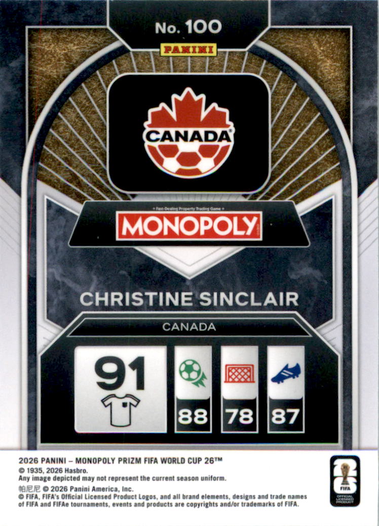 2026 Panini Prizm Monopoly FIFA World Cup #100 Christine Sinclair - Back