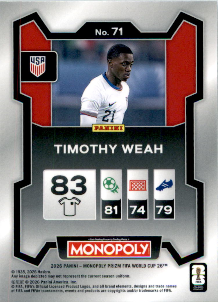 2026 Panini Prizm Monopoly FIFA World Cup #71 Timothy Weah - Back