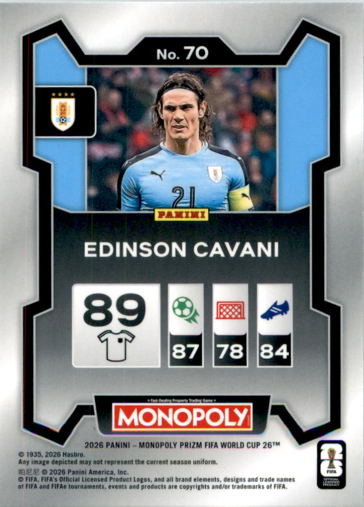 2026 Panini Prizm Monopoly FIFA World Cup #70 Edinson Cavani - Back