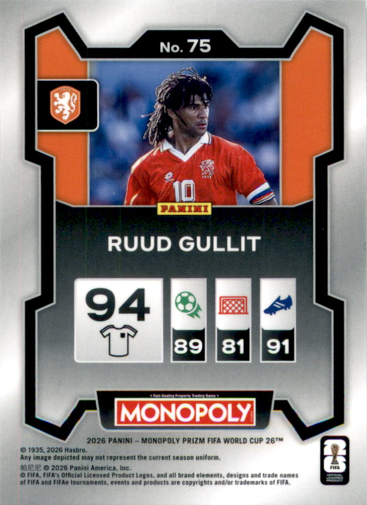 2026 Panini Prizm Monopoly FIFA World Cup #75 Ruud Gullit - Back