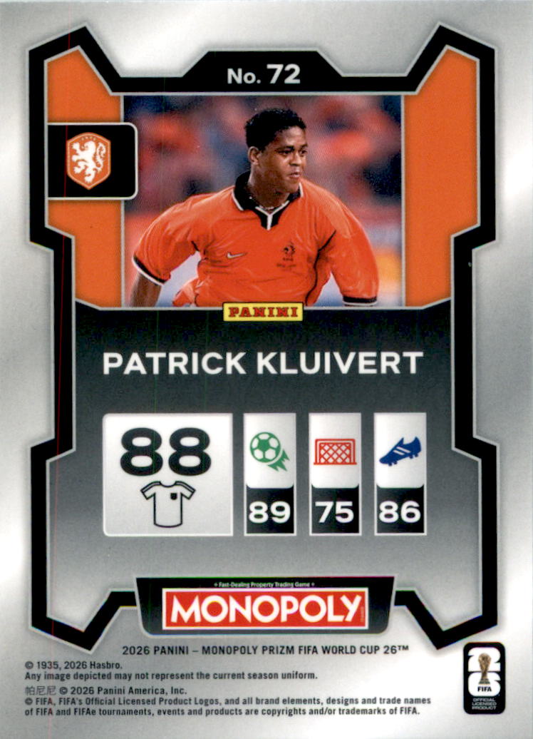 2026 Panini Prizm Monopoly FIFA World Cup #72 Patrick Kluivert - Back